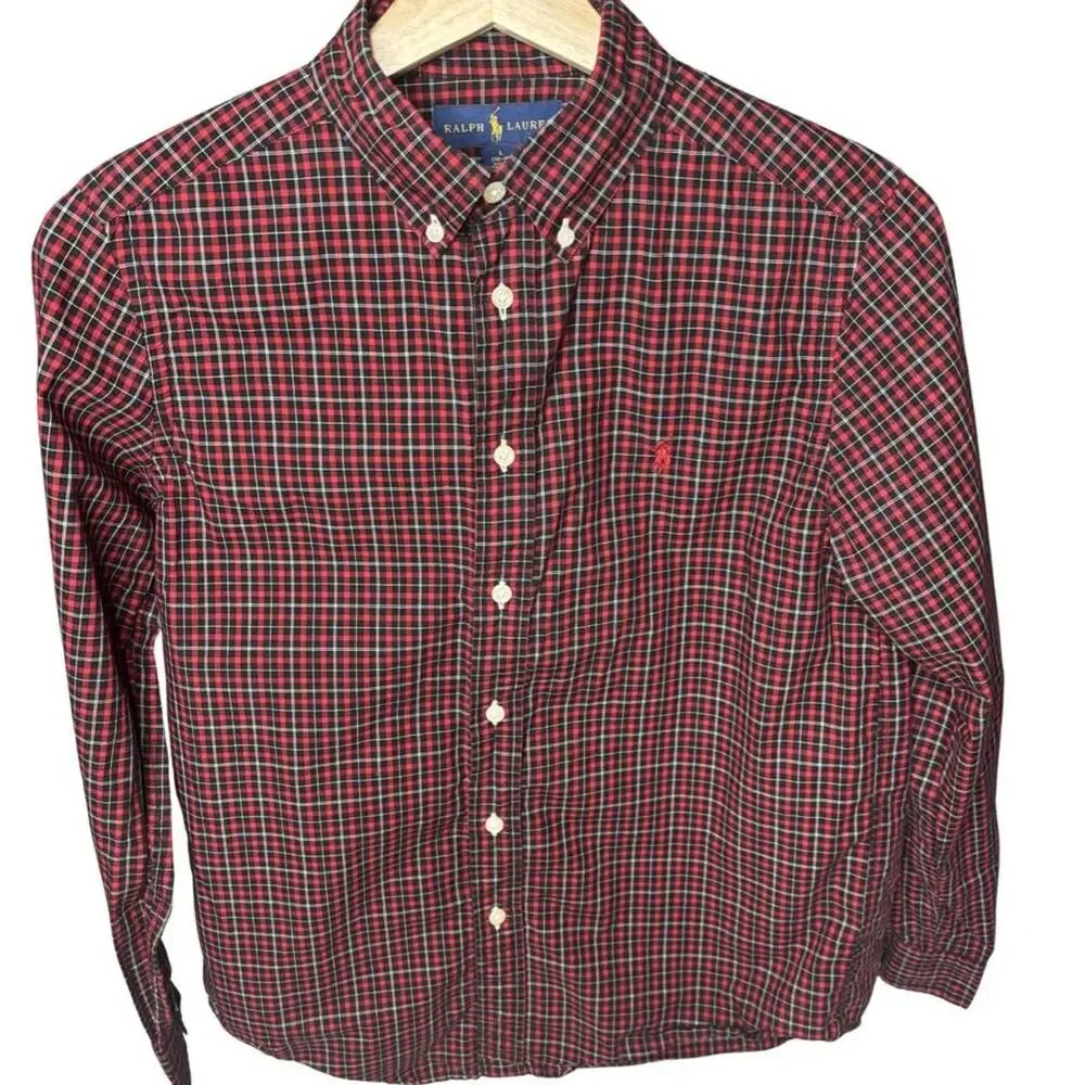 Ralph Lauren Boys Large 14-16 Plaid Button Down Shirt Red Black Check Cotton